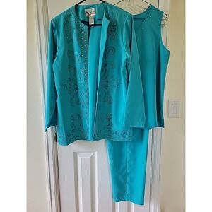 Maggie‎ Sweet Pants Set Medium 3 Piece Turquoise Embellished Braid Studs Pockets